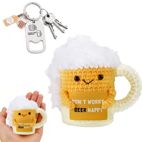 Korechain Handmade Crochet Beer Mug Plush Toy with Funny Motivational Keyring, Humorous Beer Gadget and Comfort Gift for Men, Ideal Present for Beer Lovers