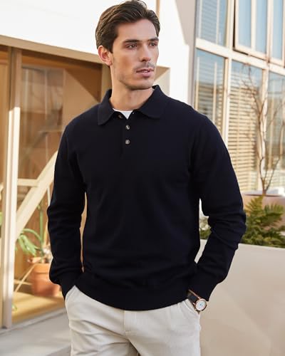 Image of Kallspin Mens 100% Cotton Polo Sweater Long Sleeve Button Down Knit Pullover Relaxed Fit Collared Casual Tops