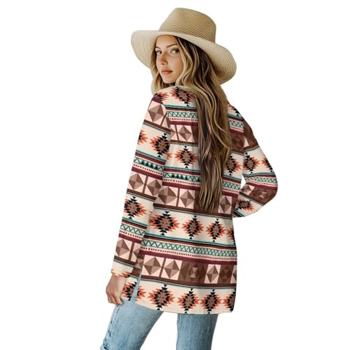 Image of Women's Aztec Open-Front Jacket Lightweight Casual Outerwear Native Western Aztec Pattern & Plaid Houndstooth Print