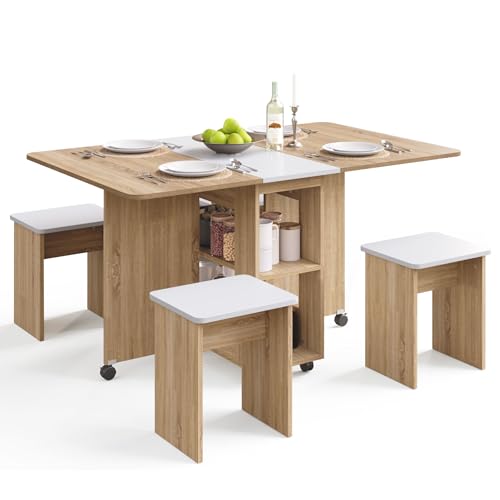 Mondeer Ensemble Table à Manger avec 4 Chaises, Ensemble Table à Manger Pliable avec Chaises pour Petits Espaces avec Etagères de Rangement, pour Salle à...