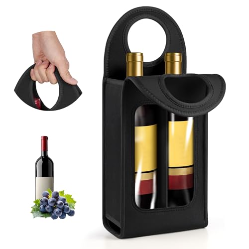Desing Wish Double Slots Thicker Wine Carrier Tote Bag with Clear Visual Window for 750ml Red/White Wine Bottles, Insulated Neoprene Wine Cooler Bag Wine Gift Bags for Gift/Party/Christmas - Black