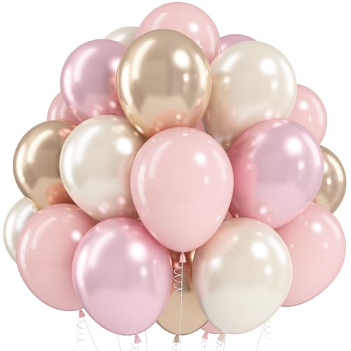White Pink Gold Balloons Set, 12 Inch Double Stuffed Pearl White Sand Blush Pale Light Pink Apricot Champagne Gold Helium Balloon for Fairy Birthday Wedding Easter Baby Bridal Shower Party Decorations