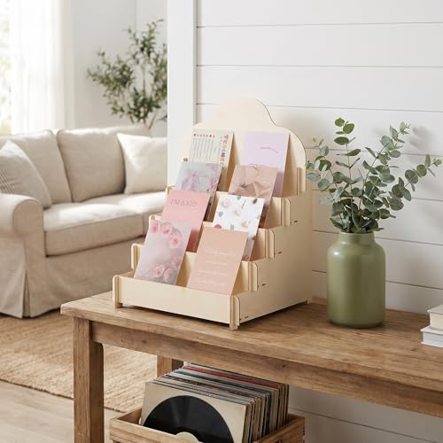 Expositor de tarjetas resistente y versátil de madera escalonada para colecciones 7