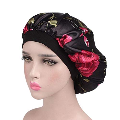 Volwco Satijn Bonnet Night Sleep Cap, Wide Band Satijn Bonnet Cap voor Vrouwen Meisje Slapen Haarverzorging Zwart
