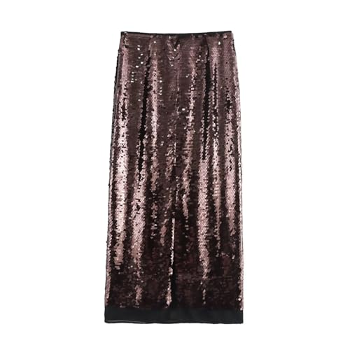 Women's Brown Sequin Midi Skirt Fullly Lined A-Line Party Club High Waisted Shimmery Glittery Skirt
