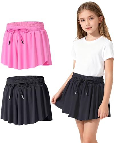 Yitoco 2 Pack Girl's Athletic Shorts Flowy Butterfly Tennis Skirt 2 in 1 with Pockets Spandex Liner for Teen(2 Pairs, 8-9 Years, YOGS0001-B+RS-100) - image 1