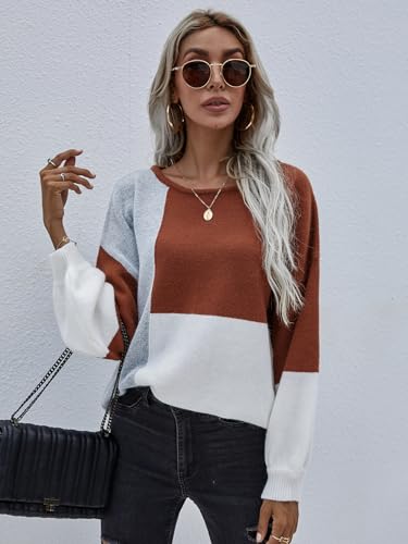Image of ECOWISH Women Sweater Long Sleeve Color Block Knit Pullover Sweaters Crew Neck Patchwork Casual Loose Jumper Tops