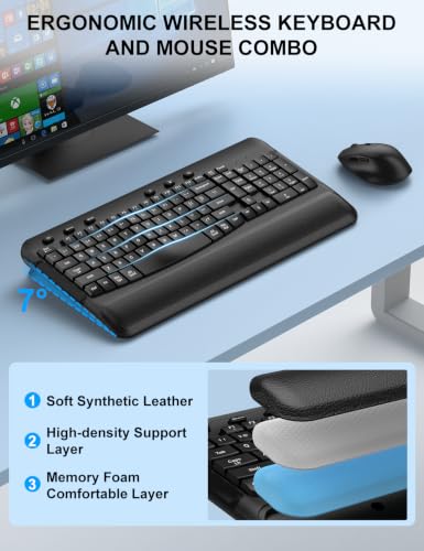 Image of Ergonomic Wireless Keyboard and Mouse, Silent Wave Keys with Soft Palm Rest