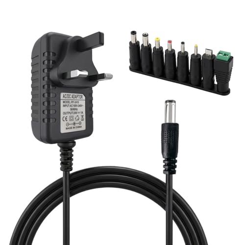 Image of 24V 1A Power Supply Adapter - AC to DC Converter 100-240V with 5.5x2.1mm Plug & 8 Interchangeable Tips, Universal Charger for LED Strip Lights, Router, Speakers, CCTV Camera, Pump, 1m Cable
