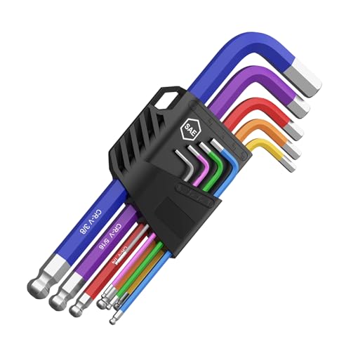 COLFULINE Imperial Allen Key Set, 9 PCS Keys, Hex Set Ball End with Colour Coded- Long Arm 78-180m for Furniture Assembly, Bike, Scooter, Motorcycle Repair, Household DIY, (GR024UKA)
