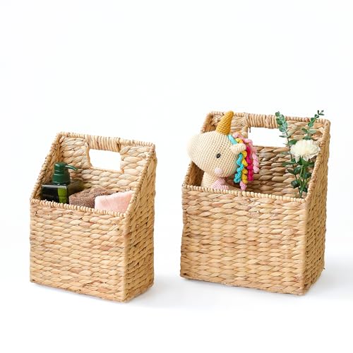 CHI AN HOME Set of 2 Hanging Storage Basket, Wicker Water Hyacinth Wall Hanging Basket with Handle for Mails, Files, Books, Plants or Accessories, Wall-Mounted Organizer for Bedroom, Kitchen, Office