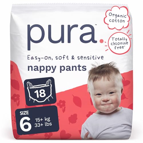 Pura Nappy Pants Size 6 18 Count 15kg+ 360 Stretch Fit Potty Training Pants for Hypoallergenic & Sensitive Skin Up to 12 Hours Overnight Leak Protection Totally Chlorine Free
