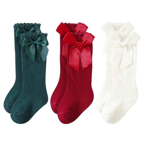 3 Pairs Baby Knee High Socks Cute Toddler Socks Newborn Ruffle Socks Infants Long Socks Kids Dress Socks with Bowknot for 0-1 Year Girls Boys Red Green White