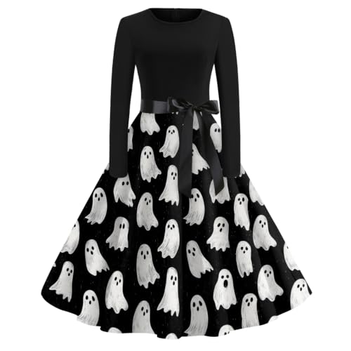 Vestido midi de Halloween para mujer evita el frío otoñal con falda cómoda de manga larga