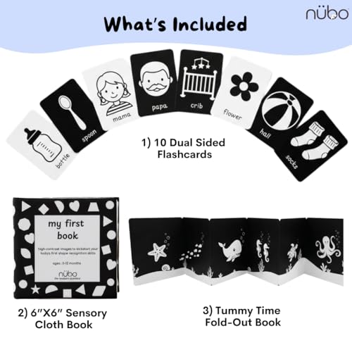 Image of Nubokind Sensory Kit: Flash Cards for New Born Baby (3-in-1 Combo) | High Contrast Flash Cards for 0-3 Months | Crinkle Cloth Book with Mirror | Tummy Time Banner Toys for Newborns 0-6 Months & Older