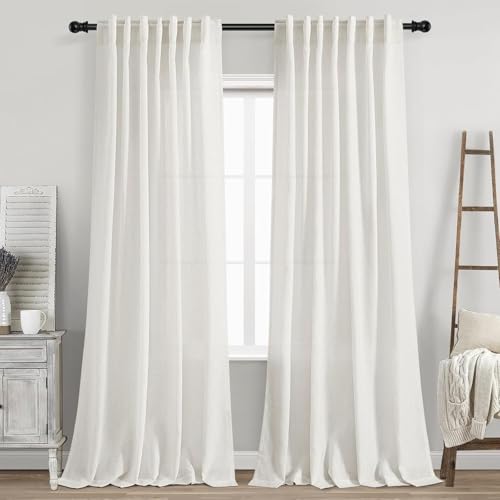 Nanspring Beige White Linen Curtains for Living Room 86 Inches Long Back Tab and Rod Pocket Light Filtering Semi Sheer Curtain Rustic Farmhouse Decor Luxury Drapes for Bedroom Office 52x86, 2 Panels