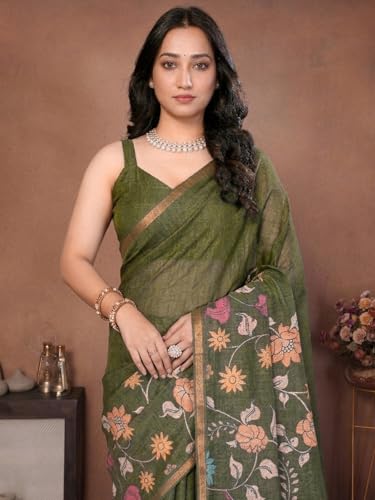 Image of SAMANTHA Black Floral Print Ready to Wear Linen Saree with Pocket & Adjustable Belt