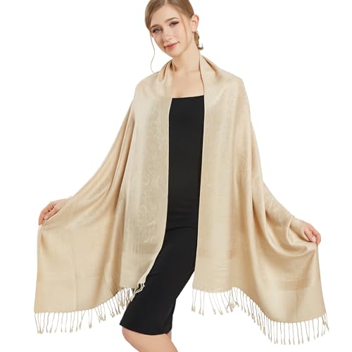 vimate Champagne Pashmina Shawl Wrap-Classic Paisley Pattern Pashminas Scarfs for Women Evening Dresses with Fringes(Style 1-Champagne)