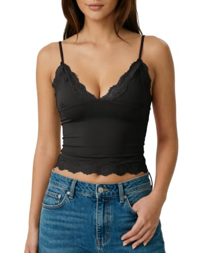 QINSEN Black Lace-Trimmed Double Layer Tank Top &ndash; Soft Stretch Base + Sheer Floral...