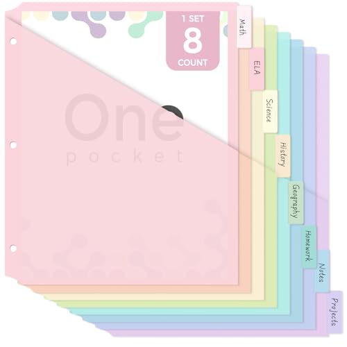 SKYDUE Binder Dividers with Tab Pastel Dividers for 3 Ring Binder with Pockets 8-Tab Durable Plastic Binder Dividers Single Pocket File Organizers with Matching Label Stickers