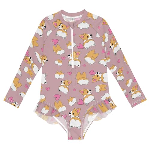 Funny Corgi Girls Long Sleeve One Piece Swimsuit Zipper Bathing Suits 3-12Y