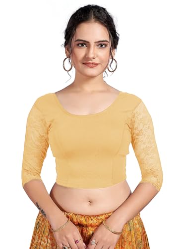 TMS Women's Blouses Readymade Gold Stretchable Saree Crop Top Choli Free Size Sparkling (Gold, One Size (Can fit bust size 28