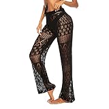 JUDYBRIDAL Women's Cover Up Pants Knitted Hollow Out Crochet Bikini Swimsuits Beach Pants (Black,XL)