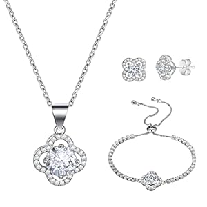 Emibele Lucky Clover Bracelet Necklace Earrings Jewelry Set for Women, Classic 4-Leaf White Gold Plated Bracelet Cubic Zirconia Studs Earrings Good Luck Pendant Necklace Mother’s Day Jewelry Gifts
