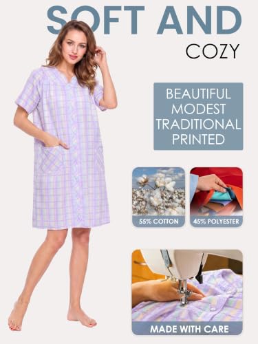 Image of Casual Nights Women's Snap - Front House Dress Short Sleeve Woven Housecoat Duster Lounger Robe with Pockets