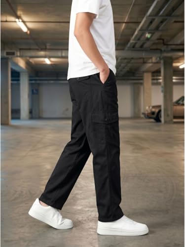 Image of Men's Cargo Trousers-100% Premium Cotton Regular Fit Lightweight Breathable Elastic Waist Multi-Pocket Casual Utility Pants