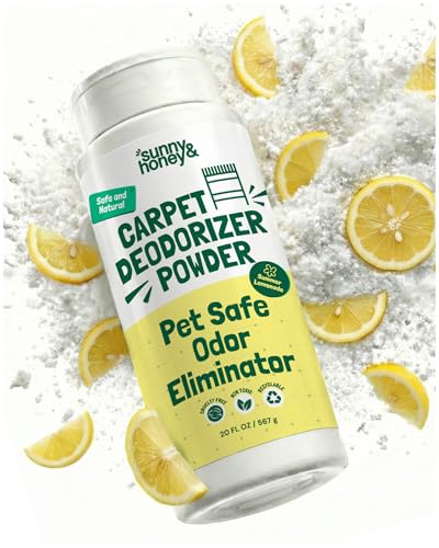 Sunny & Honey Carpet Deodorizer Powder - Pet Safe Freshener for Carpets, Pet Beds and Car Seats - Lemon Odor Eliminator for Cat Urine and Wet Dog Smells (20 oz)