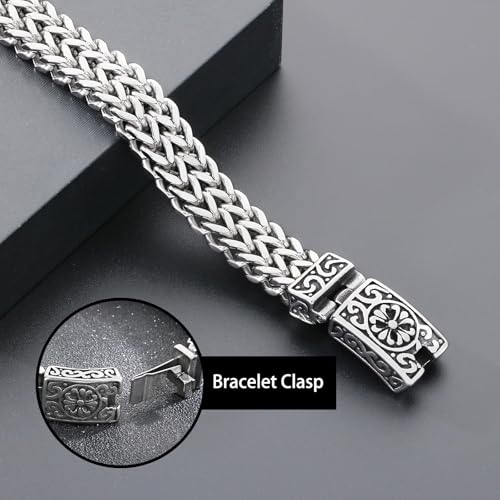 Men's 316 Stainless Steel Gothic Viking Bracelet - Flower & Cross Carved, Large Franco Textured Chain3