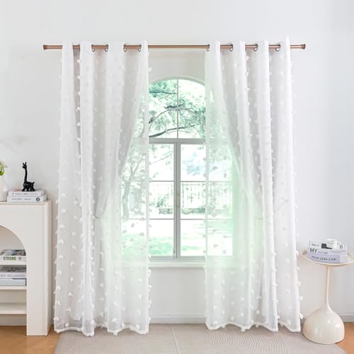 Image of Boho Pom Pom Nursery Light Block Curtains White 52x54 in | Blackout Double Layer Curtains with Pom Pom Semi-Sheer Overlay, Grommet Privacy Drapes for Toddler Bedroom Decor, 2 Panels