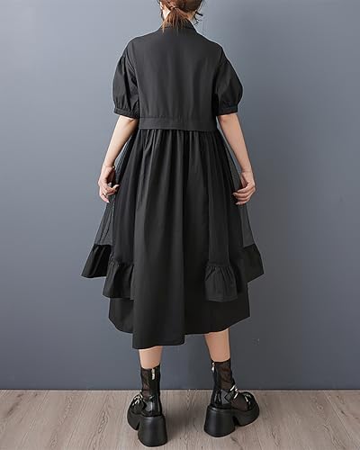 ellazhu Women's Dress Lapel Short Sleeve Button Down Flowy Hem Solid Casual Fashion GZ5272