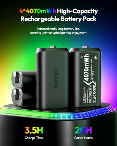 Image of VOYEE Xbox Controller Battery Pack with 7-Color LED Lights, 4x4070mWh Rechargeable Battery, 4-Slot Fast Charger for Xbox One /S /X /Elite /Series X|S, Over Current /Voltage /Short Circut-Lightning-Black