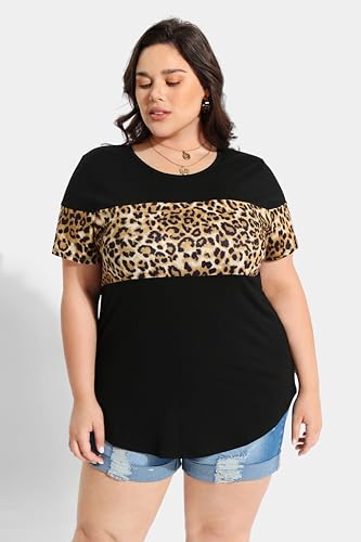 Image of CARCOS Plus Size Tops for Women Short Sleeve Summer Pullover Color Block Crewneck /V Neck Tee Tunic Loose Fit Tshirts XL-5XL