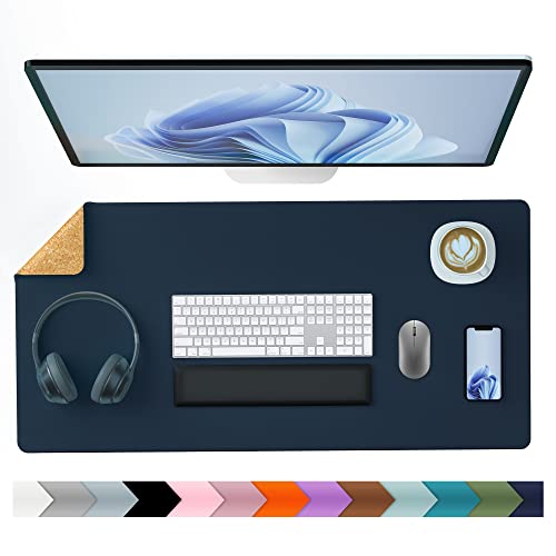 Aothia Sous-main de bureau écologique double face en liège et cuir 80 x 40 cm Tapis de souris imperméable en cuir PU pour bureau et jeux à domicile (bleu foncé)