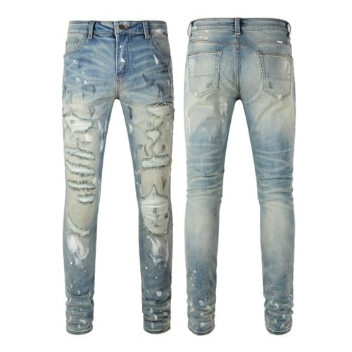 Jeans Pants Trouser Denim Men Worn Hole Trendy Street Personality Paint Graffiti Sanding Fading Washed Blue Elastic Tight Slim Fit Casual Small Leg(Light Blue,33)4