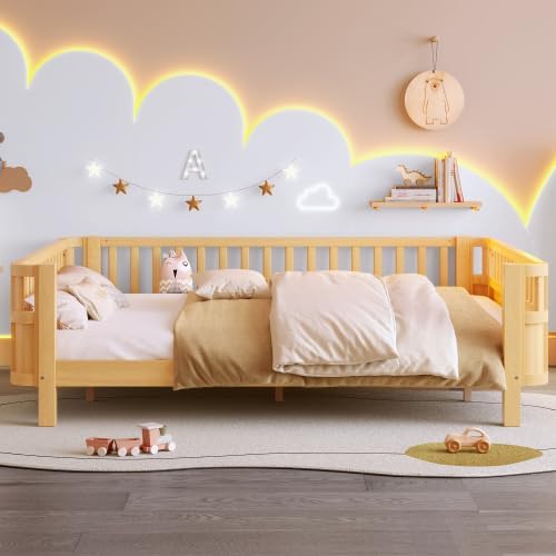 Bellemave Kids Queen Bed Frame with Safety Guardrails and Detachable Fence, Solid Wood Queen Size Platform Bed for Kids Girls Boys, Natural
