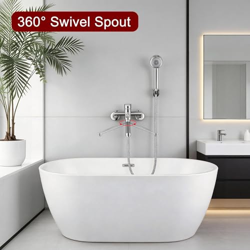 Grifo para bañera de patas con ducha de mano y brazos oscilantes ajustables de 6 pulgadas, montaje en pared, adaptador corto, acabado niquel cepillado miniatura 6