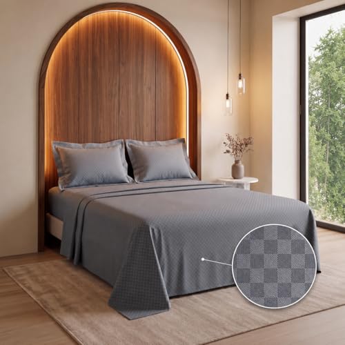 Image of LANE LINEN 400TC 100% Cotton Micro Check King Size Bedsheet - Charcoal | OEKO-Tex Certified, 108 x 108 Inch, Fits King & Double Size Bed, Breathable & Wrinkle-Free, Includes 2 Pillow Covers