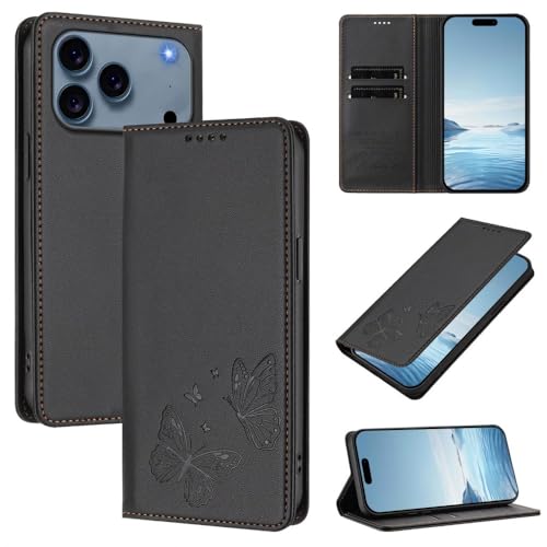 Étui magnétique iPhone 14 Plus noir protection cuir avec support