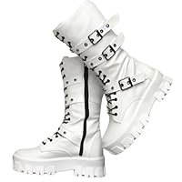 DINTAHA Goth Punk Boots Mid Calf Combat Boots Chunky Platform Lace Up Ankle Boots Gothic Boots with Buckles