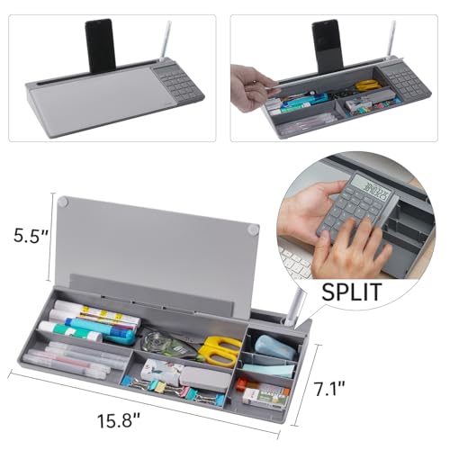 Image of Small Glass Desktop Whiteboard Dry-Erase-Board - Computer Keyboard Stand with Calculator White Board Surface Pad with Drawer, Desk Organizers with Accessories for Office, Home, School Supplies - Grey
