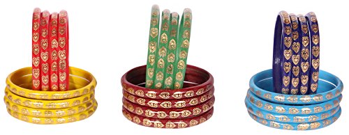 Image of NMII Glass Beautiful Design With Gold Printed Heart Pattern and Gloosy Finished Kada Set For Women and Girls, (MultiColour 2.4 Inches), Pack Of 24 Kada Set