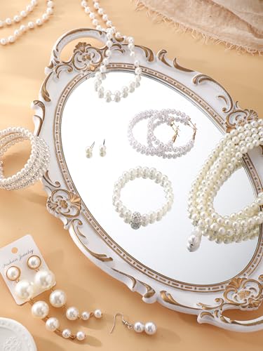 Image of BBTO 8 Pcs Pearl Necklace Earring Set Women Wedding Jewelry | Multi Layer Pearl Necklaces Bracelets, Rhinestones, Pearl Gift for Bridal Shower Birthday, Party Costume Jewelry