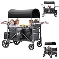 Bollerwagen faltbar mit Dach 4 Kinder,Handwagen faltbar Kinderwagen Baby Bollerwagen mit Dach,abnehmbarem Tablett,5-Punkt-Gurt,verstellbarem Griff,hohem Sitz und großem Stauraum, Schwarz