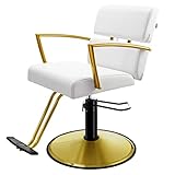 Baasha Salon Chair, Gold with White Leather Barber Chair, Hydraulic Styling Chair with Vented Back D