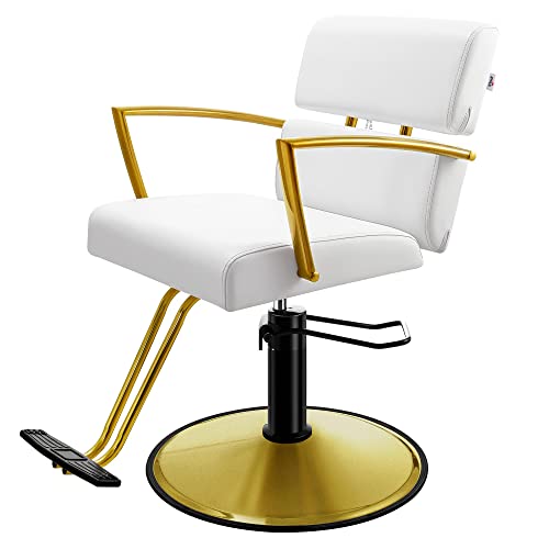 Baasha Salon Chair, Gold With White Leather Barber Chair, Hydraulic Styling Chair With Vented Back Designed, Stain Resistant Spa Equipment For Hair Stylist, Max Load Weight 330 Lbs - Matte Gold #TOP7