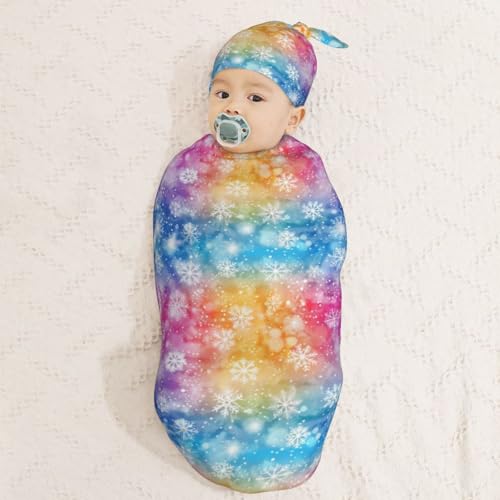 Image of White Snowflakes On Colorful Background Newborn Swaddle Blankets Hat Sets Soft Baby Receiving Blanket Swaddle Sack for Baby Shower Infant Boy Girl Gift